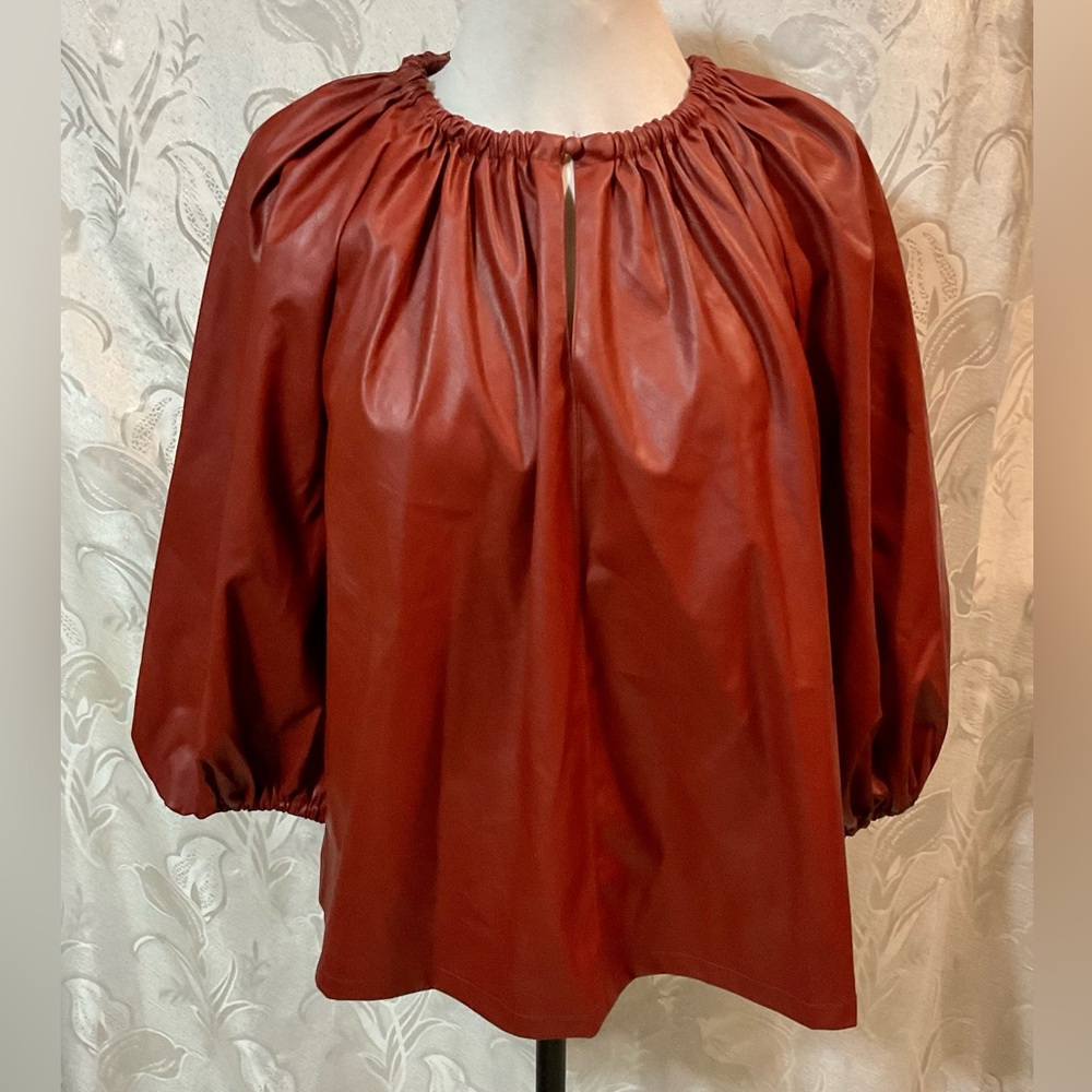 Who What Wear Faux Leather Balloon 3/4 Sleeve Fired Brick Blouse